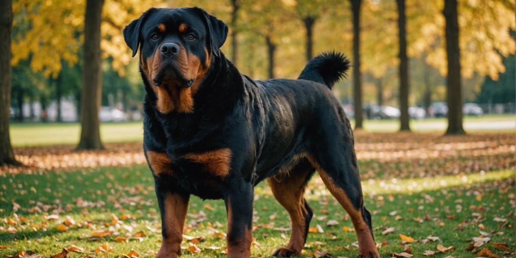 Rottweiler standing confidently in a green park