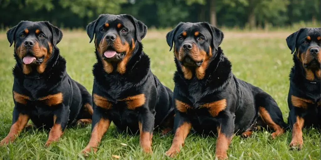 Different Rottweiler dogs standing on green grass.