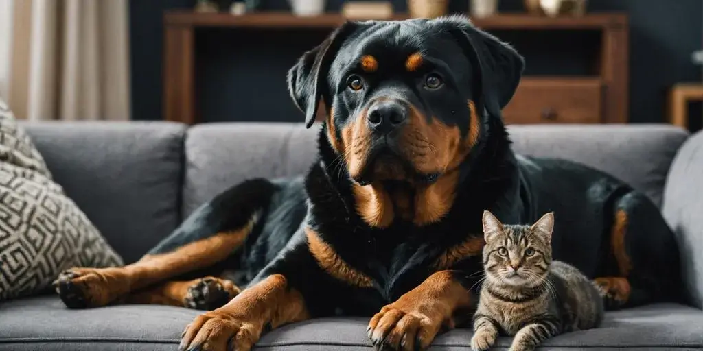 Rottweiler and cat sitting calmly on a couch