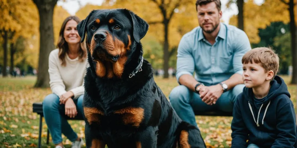 Rottweiler with family in a park, smiling faces