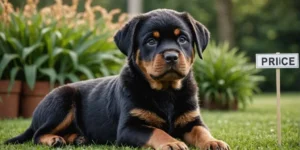 Rottweiler puppy with price tag on grassy background Cost