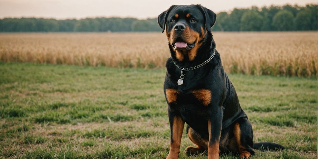 American Rottweiler standing in a grassy field