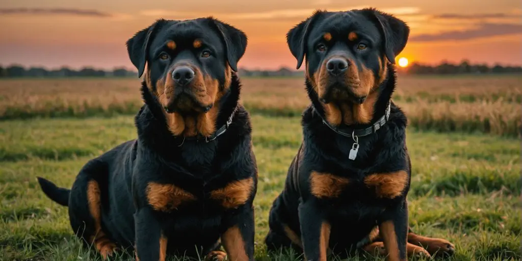 Rottweiler in a field during sunset