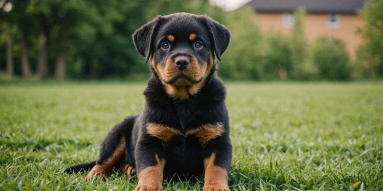 Cute female Rottweiler puppy on grass