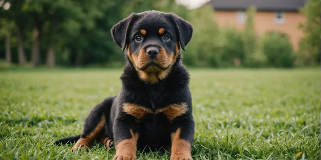 Cute female Rottweiler puppy on grass