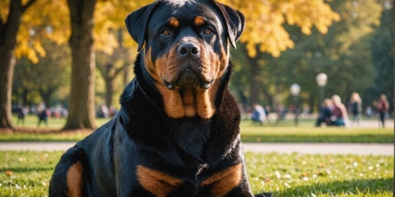 Healthy Rottweiler sitting in a park