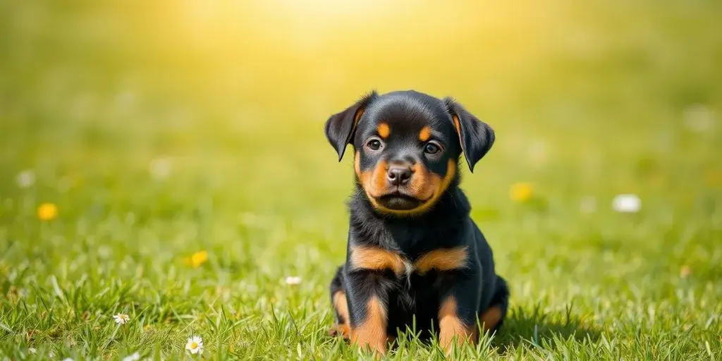 Mini Rottweiler puppy on grassy field