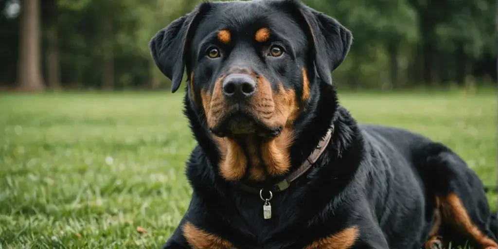 Rottweiler Black Lab mix dog sitting on green grass