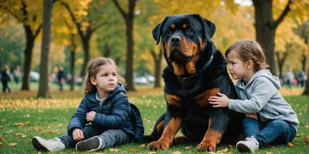 Rottweiler with kids in a park, all smiling