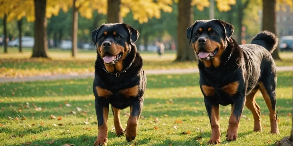 Rottweiler playing with other dogs in a park