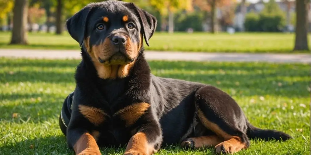 Rottweiler puppy sitting on grass in a sunny park.