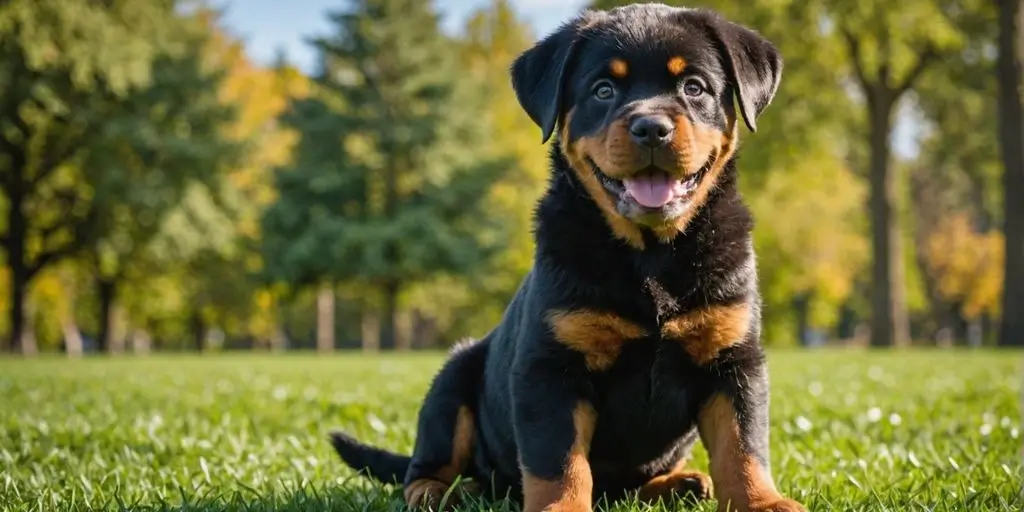 Happy Rottweiler puppy sitting on green grass.