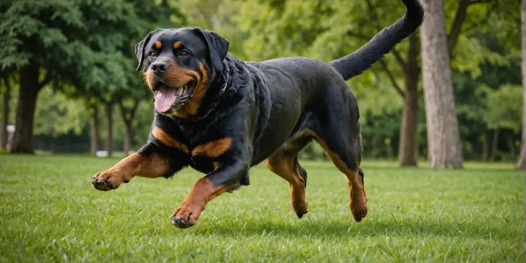 Rottweiler running in a grassy park