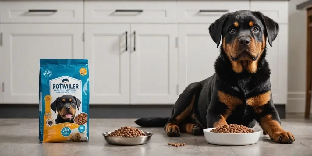 Rottweiler puppy with fish dog food