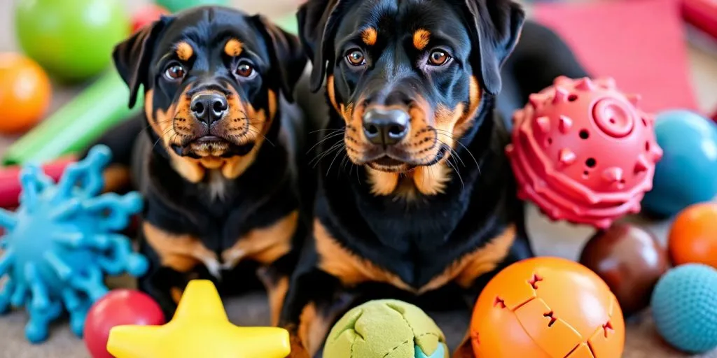 Colorful toys for Rottweilers on a soft background (1)