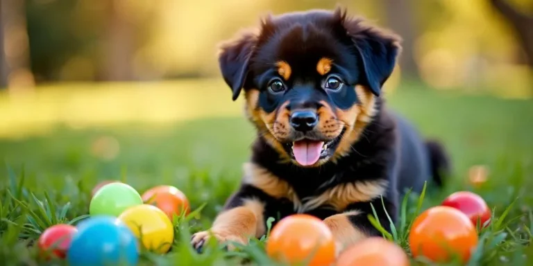 Playful Rottweiler puppy in a grassy field with toys.