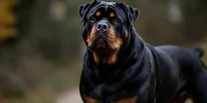 A muscular all-black Rottweiler in a natural setting.