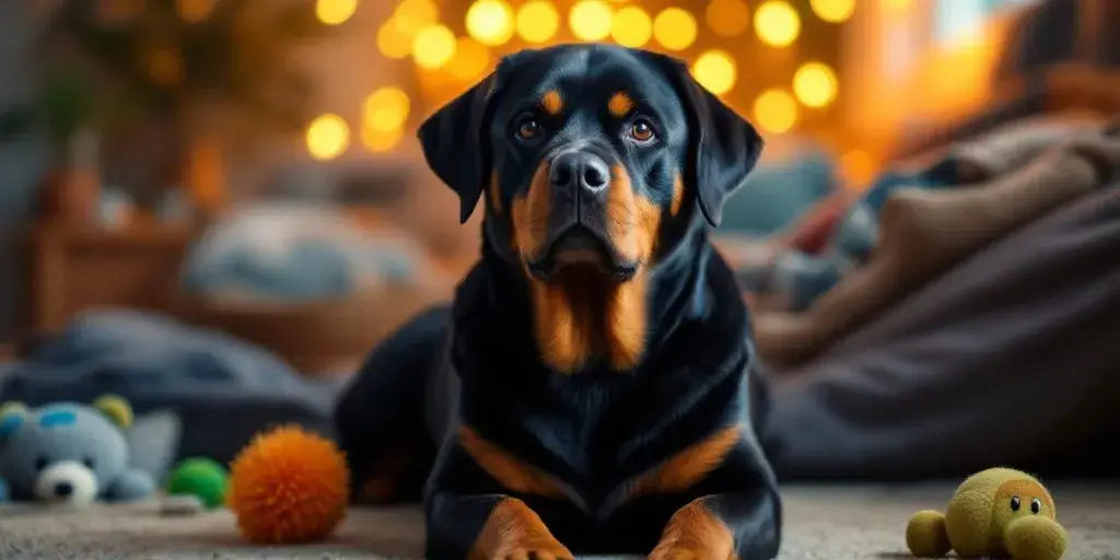 Calm Rottweiler in a cozy home setting.