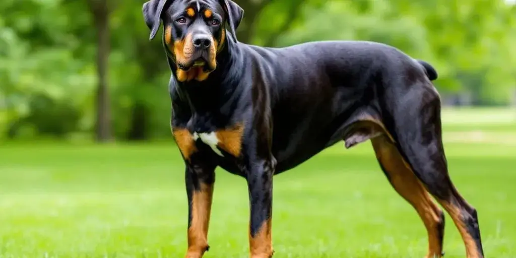 Great Dane Rottweiler mix in a green park.