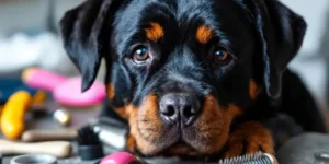 Groomed Rottweiler with grooming tools on a table.