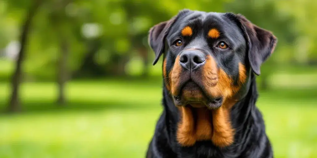 Healthy Rottweiler in a green park setting.