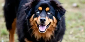 Rottweiler and Husky mix with blue eyes outdoors.