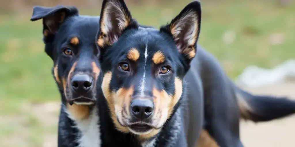 Rottweiler and husky mix in a natural outdoor setting