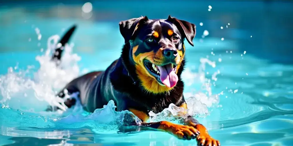 Rottweiler swimming in a pool, splashing water.