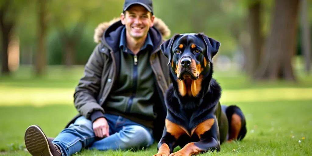 Rottweiler with a friendly stranger in a park.