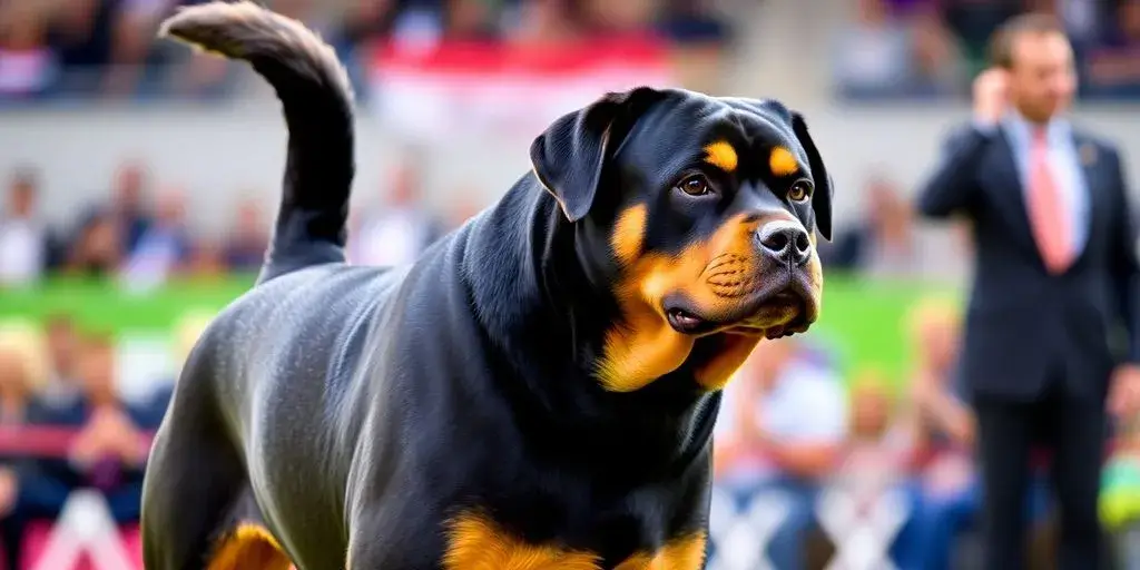 Rottweilers with natural tails in a competition setting