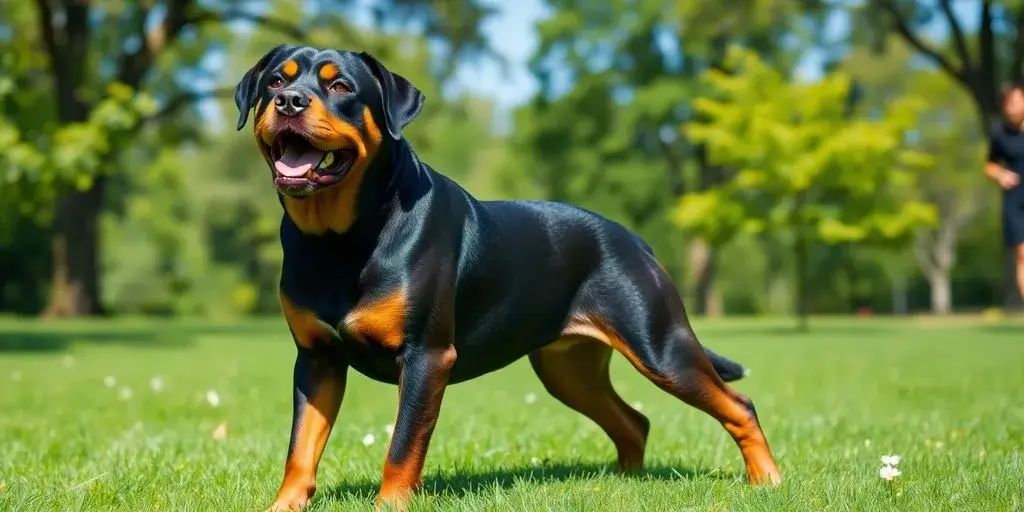 Healthy Rottweiler playing in green grass