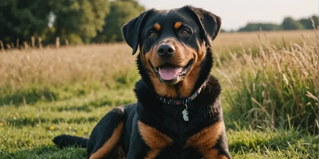 Labrador Rottweiler mixed dog sitting in a grassy field.