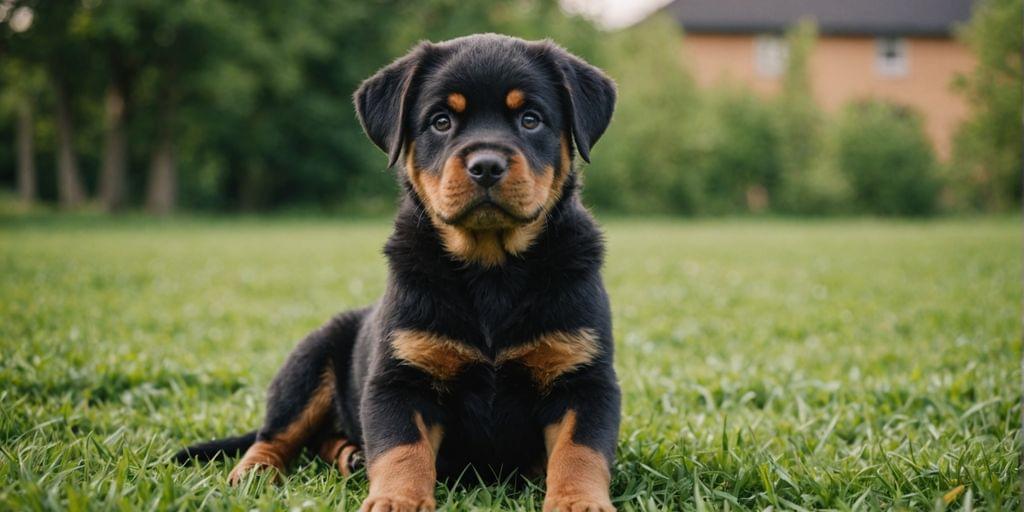 Cute female Rottweiler puppy on grass