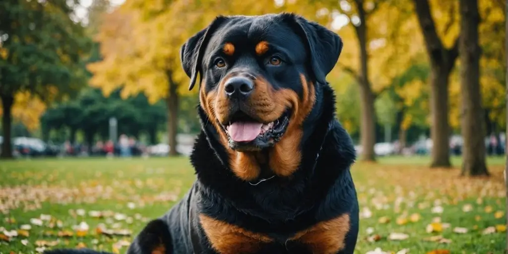 Happy Rottweiler sitting in a green park area.
