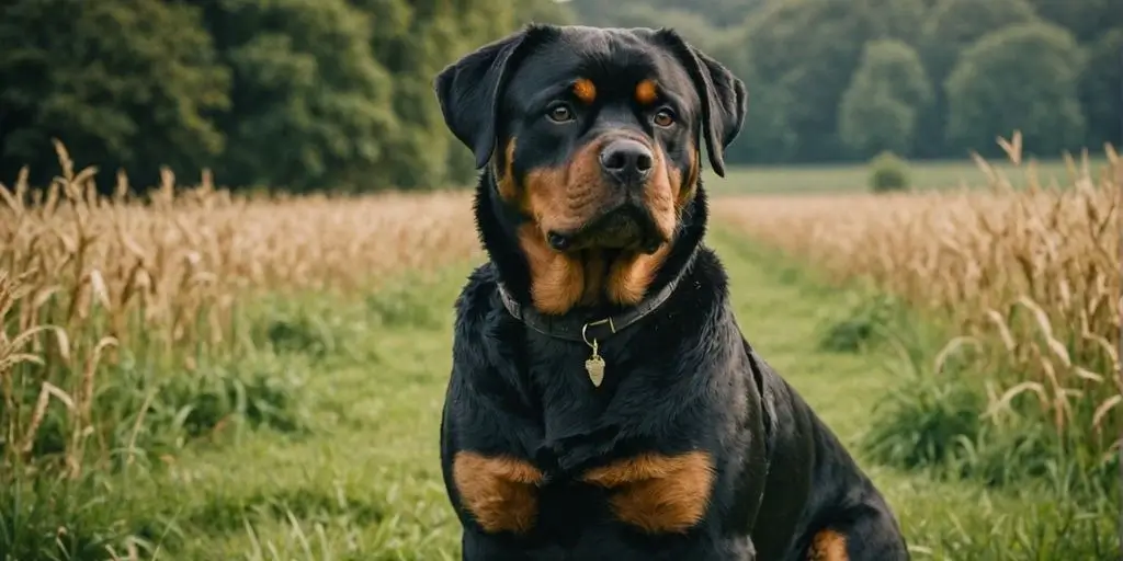 Roman Rottweiler standing in a green field, looking majestic.