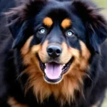 Rottweiler and Husky mix with blue eyes outdoors.